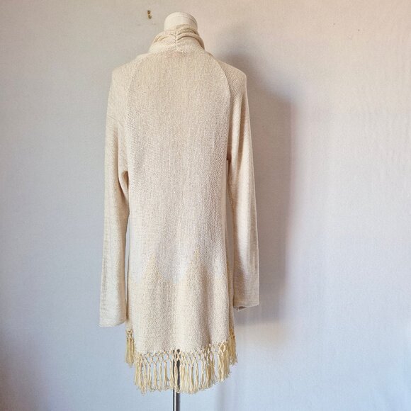 Lilly Pulitzer Tatum Fringe Hem Open Cardigan Cotton Blend Beige Gold Metallic - Picture 9 of 15